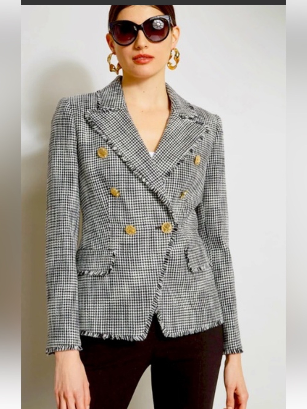 Elie Tahari Black and White Houndstooth Double-Breasted Blazer